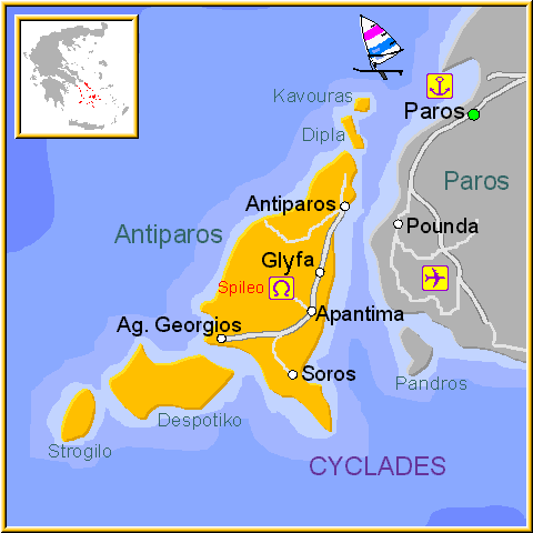 Mapa de la isla de Antiparos, en las Islas Griegas Cícladas, Cýcladas, Grecia.
