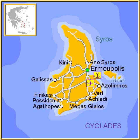 Mapa de la isla de Siros, Syros, en las Islas Griegas Cícladas, Cýcladas, Grecia.