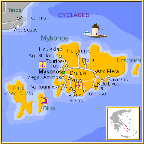 Mapa de la isla de Delos, en las Islas Griegas Cícladas, Cýcladas, Grecia.