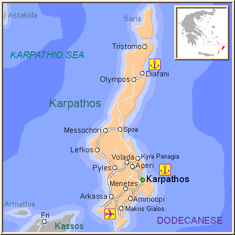 Mapa de la isla de Karpatos, en las Islas Griegas del Dodecaneso, Grecia.