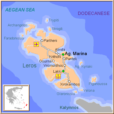 Mapa de la isla de Leros, en las Islas Griegas del Dodecaneso, Grecia.