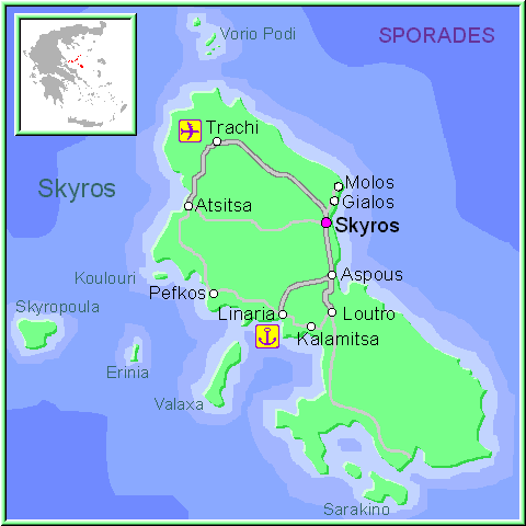 Mapa de la isla de Alonissos, en las Islas Griegas Espóradas, Grecia.