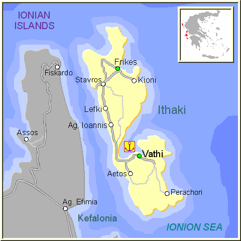 Mapa de la isla de Itaca, en las Islas Griegas Jónicas, Grecia.