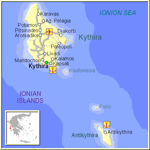 Mapa de la isla de Kithira, en las Islas Griegas Jónicas, Grecia.