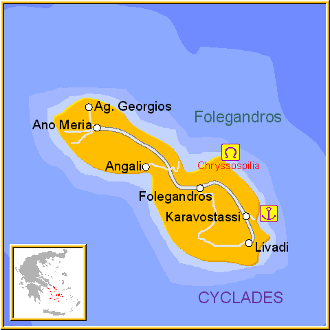 Mapa de la isla de folegandros, en las Islas Griegas Cícladas, Cýcladas, Grecia.