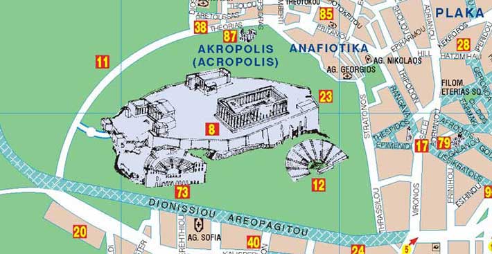 Localización y Mapa del Teatro de Dioniso (Dionisos)