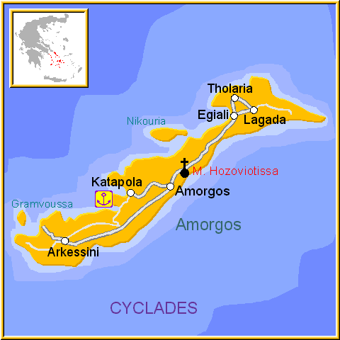 Mapa de la isla de Amorgos, Amorgós, en las Islas Griegas Cícladas, Cýcladas, Grecia.