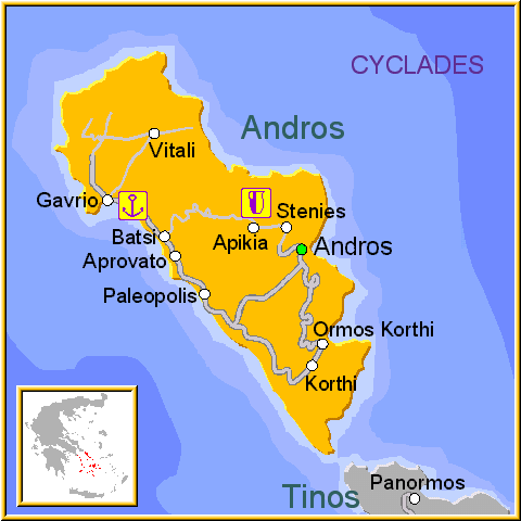 Mapa de la isla de Andros, Ándros, en las Islas Griegas Cícladas, Cycladas, Grecia.