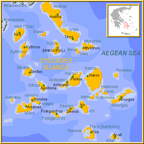 Mapa de las Islas Cícladas, Cycladas, Islas Griegas, Grecia.