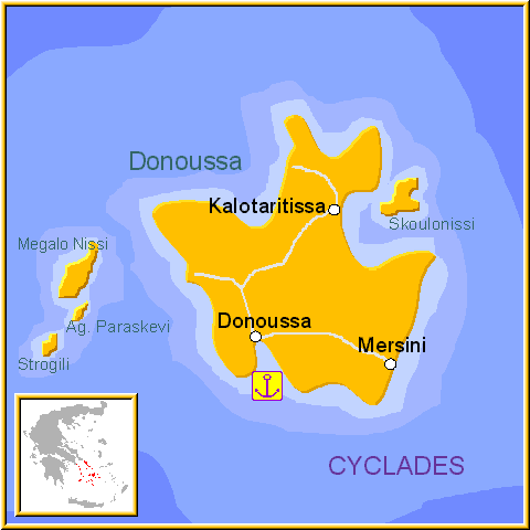 Mapa de la isla de Donousa, en las Islas Griegas Cícladas, Cýcladas, Grecia.