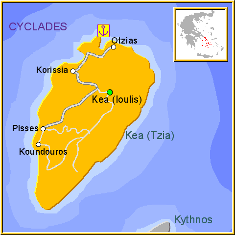 Mapa de la isla de Kea, en las Islas Griegas Cícladas, Cýcladas, Grecia.