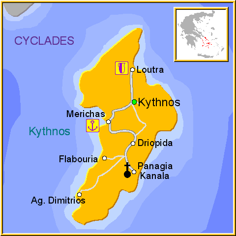 Mapa de la isla de Kithnos, en las Islas Griegas Cícladas, Cýcladas, Grecia.
