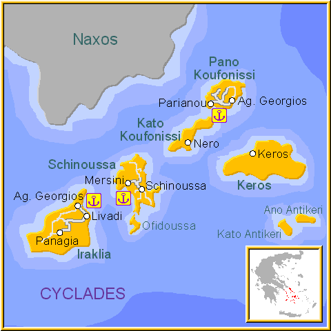 Mapa de la isla de Kufonisia, en las Islas Griegas Cícladas, Cýcladas, Grecia.