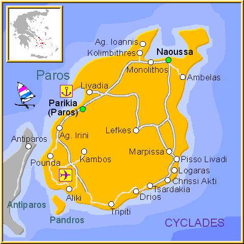 Mapa de la isla de Paros, en las Islas Griegas Cícladas, Cycladas, Grecia.