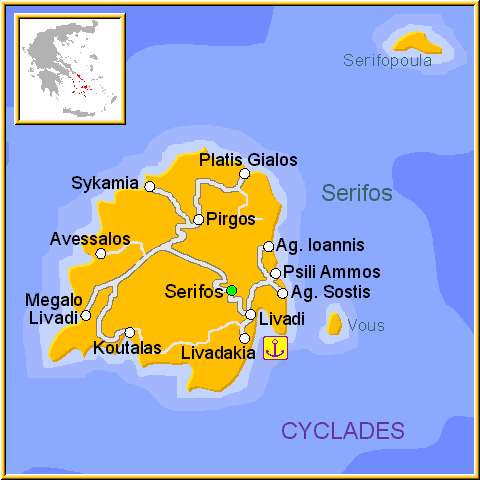 Mapa de la isla de Serifos, en las Islas Griegas Cícladas, Cýcladas, Grecia.