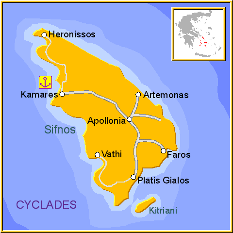 Mapa de la isla de Sifnos, en las Islas Griegas Cícladas, Cýcladas, Grecia.