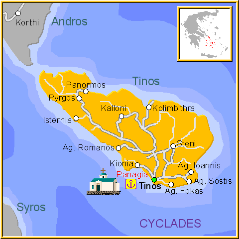 Mapa de la isla de Serifos, en las Islas Griegas Cícladas, Cýcladas, Grecia.