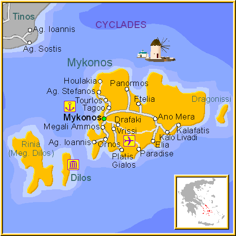 Mapa de la isla de Delos, en las Islas Griegas CÃ­cladas, CÃ½cladas, Grecia.