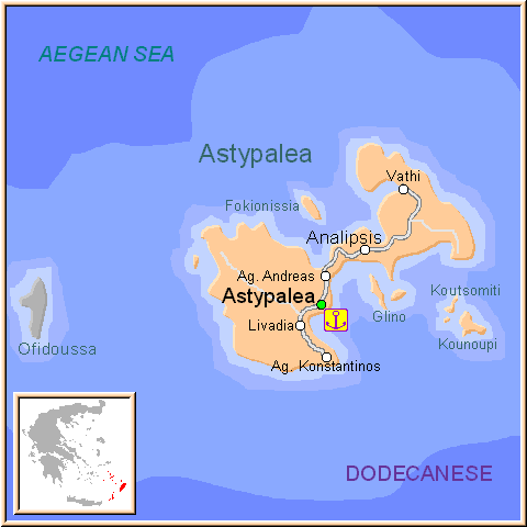 Mapa de la isla de Astipalea, en las Islas Griegas del Dodecaneso, Grecia.