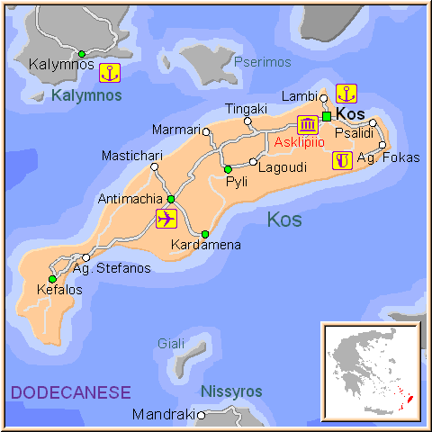 Mapa de la isla de Kos, en las Islas Griegas del Dodecaneso, Grecia.