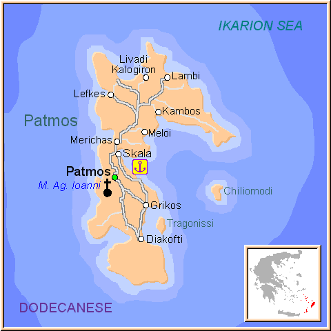 Mapa de la isla de Patmos, en las Islas Griegas del Dodecaneso, Grecia.