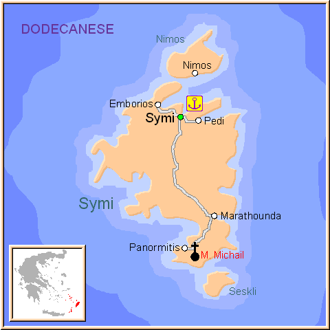 Mapa de la isla de Symi, Simi, en las Islas Griegas del Dodecaneso, Grecia.