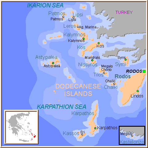 Mapa de las Islas del Dodecaneso, Islas Griegas Grecia.