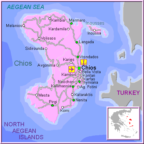 Mapa de la isla de Chios, en las Islas Griegas Cícladas, Cýcladas, Grecia.