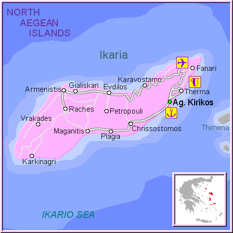 Mapa de la isla de Ikaria, en las Islas Griegas Cícladas, Cýcladas, Grecia.