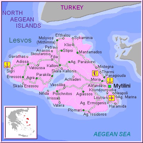 Mapa de la isla de Lesvos, en las Islas Griegas Cícladas, Cýcladas, Grecia.