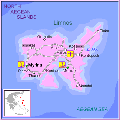 Mapa de la isla de Limnos, en las Islas Griegas Cícladas, Cýcladas, Grecia.