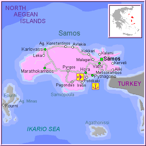 Mapa de la isla de Samos, en las Islas Griegas Cícladas, Cýcladas, Grecia.