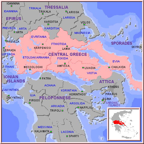 Mapa de la región de la Grecia Central