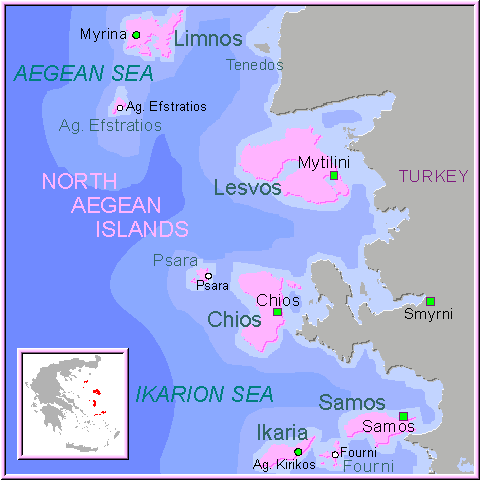 Mapa de las Islas Egeas del Norte del Egeo, Islas Griegas, Grecia.