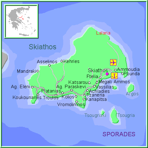Mapa de la isla de Skiathos, en las Islas Griegas Espóradas, Grecia.