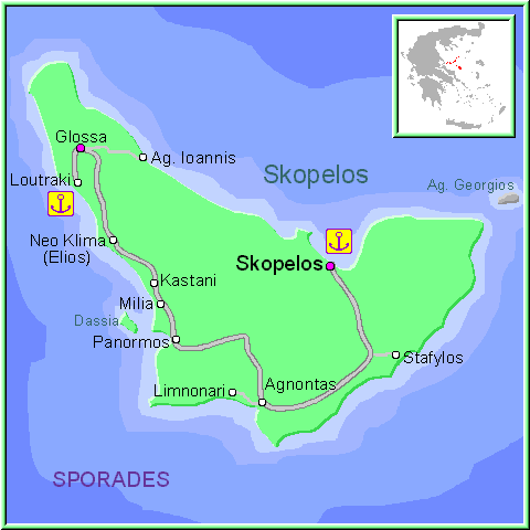 Mapa de la isla de Skopelos, en las Islas Griegas Espóradas, Grecia.