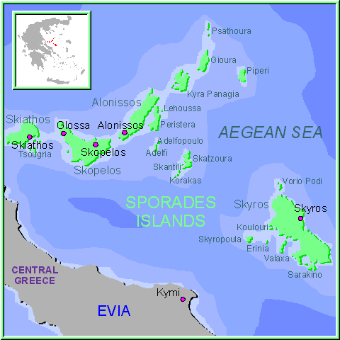 Mapa de las Islas Espóradas, Islas Griegas Grecia.