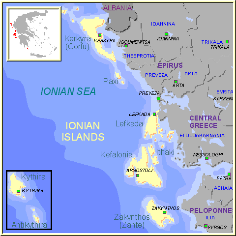 Mapa de las Islas Jónicas, Islas Griegas Grecia.