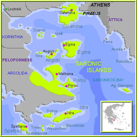 Mapa de las Islas Sarónicas, Islas Griegas Grecia.