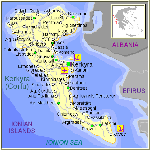 Mapa de la isla de Corfú, en las Islas Griegas Jónicas, Cýcladas, Grecia.