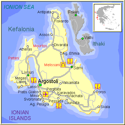 Mapa de la isla de Kefalonia, en las Islas Griegas Jónicas, Cýcladas, Grecia.