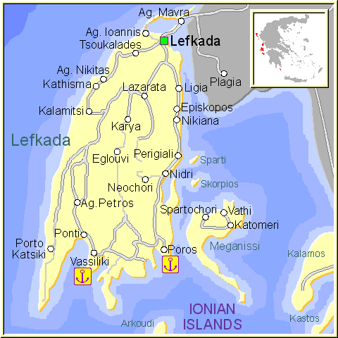 Mapa de la isla de Lefkada, en las Islas Griegas Jónicas, Grecia.