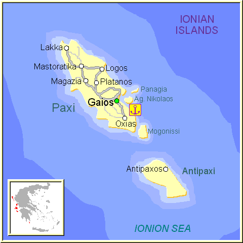 Mapa de la isla de Paxos, en las Islas Griegas Jónicas, Grecia.