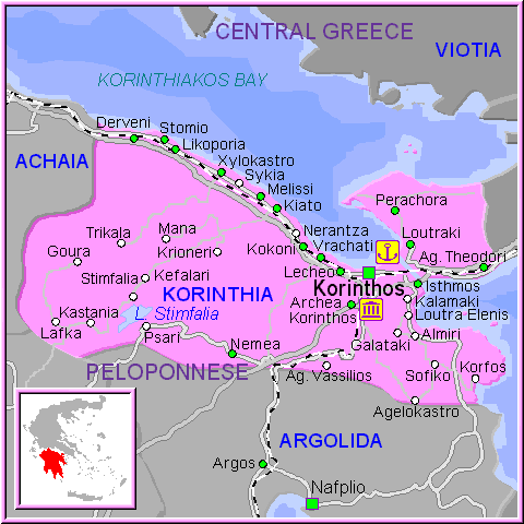 Mapa de la región de Corinto, en el Peloponeso
