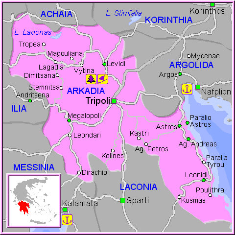 Mapa de la región de la Arkadia, en el Peloponeso.