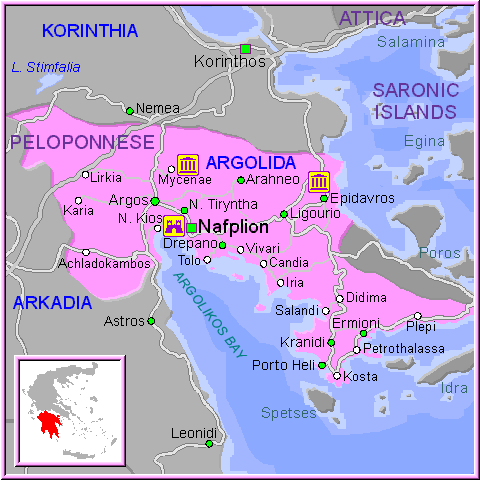 Mapa de la región de la Argólida, en el Peloponeso.