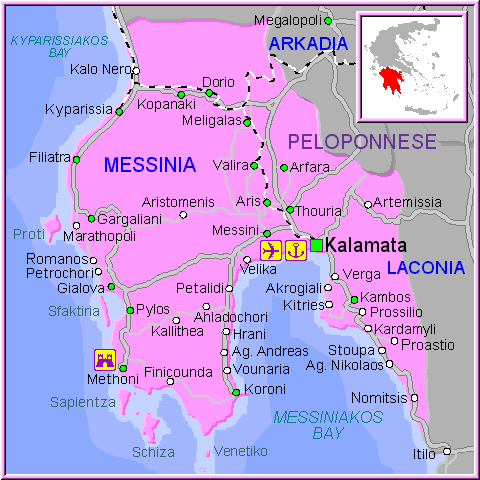 Mapa de la región de Mesenia, en el Peloponeso.
