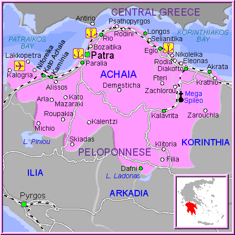 Mapa de la región de Acaya, en el Peloponeso.