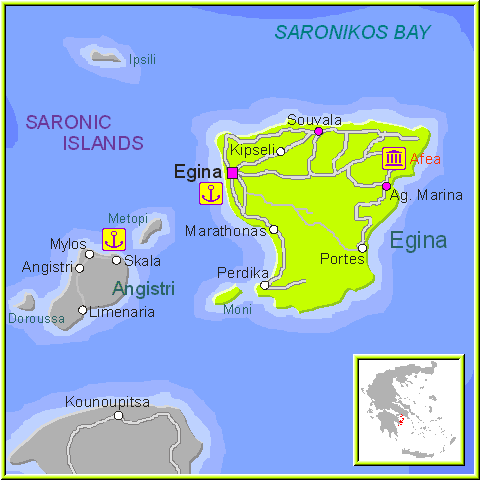 Mapa de la isla de Egina, en las Islas Griegas del Sarónico, Grecia.