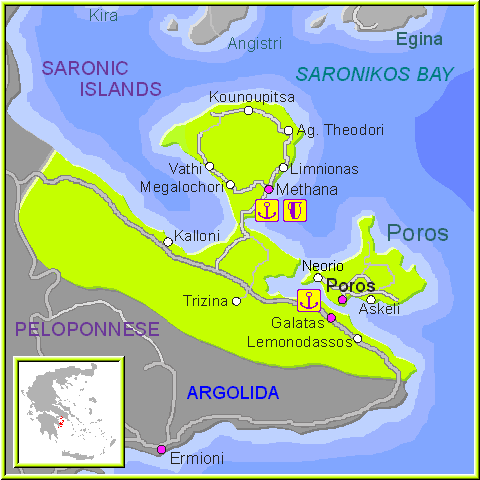 Mapa de la isla de Poros, en las Islas Griegas del Sarónico, Grecia.